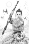 1girl actress armando_huerta bb-8 celeb daisy_ridley disney hair_bun high_resolution long_hair rey rey_(star_wars) star_wars star_wars:_the_force_awakens stick the_force_awakens tied_hair weapon