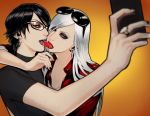 2girls arm arm_around_neck art artist_request babe bayonetta bayonetta_(character) bayonetta_2 black_hair black_nails black_shirt blue_eyes candy cellphone couple earrings eyeshadow female food glasses grey_lipstick hair half-closed_eyes high_res highres holding holding_lollipop holding_phone hug hugging jacket jeanne_(bayonetta) jewelry kiss kissing lips lipstick lollipop long_hair looking_at_viewer love makeup multiple_girls mutual_yuri nail_polish neck open_jacket open_mouth phone red_jacket red_lipstick ring round_teeth self_shot shirt short_hair silver_hair sunglasses sunglasses_on_head turtleneck turtleneck_shirt upper_body yuri