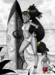 1girl apple axew beach bikini black_hair brown_eyes cute hair iris_(pokemon) long_hair ocean outside poke_ball pokemon smile surfboard toddabella