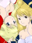 2girls blonde_hair blue_eyes breasts brown_eyes cleavage dress earrings fullmetal_alchemist hair jewelry long_hair looking_at_viewer military military_uniform multiple_girls nanako_(manaji-kaiji-_-mama) ponytail riza_hawkeye strap_gap strap_slip sundress uniform upside-down winry_rockbell