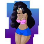  1girl big_ass big_breasts big_hair black_hair braless breasts brown_skin cleavage clothing female_human female_only human human_only nipples niyarts no_bra self_insert sexy short_pants short_shirt short_shorts sona_(niyarts) thicc young younger_anthro younger_female 