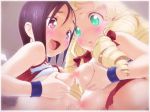 2_girls 2girls aqua_eyes big_breasts black_hair blonde_hair blush breasts brown_eyes cute gif hair long_hair loop multiple_girls nipples punyupuri_rondo short_hair smile tinkle_bell tinklebell yuri