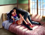 1boy 1girl arm arms art artist_name babe bed bishoujo_senshi_sailor_moon black_hair character_request cloveras couple grin happy high_heels high_res highres hino_rei hoodie hugging indoors lips long_hair love magical_girl panties pillow purple_eyes rei_hino sailor_mars short_hair sky smile super_sailor_mars underwear window