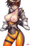 areolae big_breasts bodysuit breasts breasts_outside brown_hair cameltoe dark_arts_kai darkartskai gloves goggles jacket large_breasts lena_oxton looking_at_viewer nipples overwatch parted_lips shiny shiny_skin short_hair simple_background skin_tight skindentation smile solo standing thighs tracer_(overwatch) undressing unzipped white_background