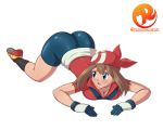 1girl ass big_ass big_breasts blue_eyes breast_press breasts brown_hair bubble_butt cleavage gloves hair haruka_(pokemon) may on_stomach patreon pokemon reit shorts worried