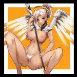 1:1_aspect_ratio 3: angela_ziegler areolae belly big_breasts black_border blonde blush border breasts cameltoe hair heart_pasties high_ponytail highleg highleg_panties large_breasts looking_at_viewer mechanical_halo mechanical_wings mercy_(overwatch) midriff navel nipples notte overwatch panties pasties puffy_nipples purple_eyes short_hair silver_hair solo spread_legs squatting staff thighs topless underwear white_hair white_panties wings