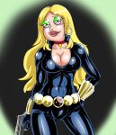 american_dad assassin black_widow_(cosplay) blonde_hair breasts choker desert_eagle_44 earring eyeshadow francine_smith gun half-closed_eyes hentai_edit latex_suit long_hair looking_at_viewer makeup skin_tight stoned weapon