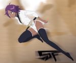 big_breasts bleach breasts dark_skin female full_body fundoshi gradient gradient_background highres purple_hair running shihouin_yoruichi short_hair smile solo stiky_finkaz sword thighhighs weapon yellow_eyes