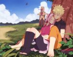 1boy 1girl against_tree barefoot between_legs big_breasts bike_shorts blonde_hair blue_eyes blue_sky blush breasts closed_eyes couple dappled_sunlight hair hairband hand_on_another's_chest hetero ichan ichan-desu kunai naruto naruto_uzumaki nuzzle pink_hair sakura_haruno sandals short_hair shorts_under_skirt shuriken sitting sky smile sunlight tree tree_shade under_tree weapon whiskers