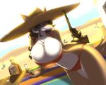  1girl 1girl 2016 anthro bandage beauty_mark big_breasts bikini black_hair breasts brown_eyes canine clothing coyote desert furry gold_(metal) gun hair handgun hat jewelry lipstick lying mammal metalfoxxx necklace pose ranged_weapon revolver swimsuit tequila thick_bottom_lip weapon 