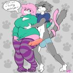 1girl 2015 aeris_(vg_cats) anthro big_breasts blinking blue_eyes breast_grab breasts cat clothing dialogue duo entwined_tails feline fur furry green_eyes grey_fur grey_hair hair hand_on_breast huge_breasts iamzavok legwear leo_(vg_cats) male mammal penis pink_fur pink_hair shirt slightly_chubby smile stockings sweater underwear vg_cats