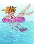 1girl bikini blonde_hair bottomless breasts embarrassing fish funny inner_tube lipstick looking_down red_lipstick shiny shiny_skin side-tie_bikini surprise twin_tails wardrobe_malfunction water