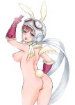 1girl 1girl 1girl :d asbel_lhant ass big_breasts body_blush breasts cowboy_shot genderswap genderswap_(mtf) gloves goggles goggles_on_headwear green_eyes hand_up hat heterochromia looking_at_viewer looking_back mini_wings nipples nude open_mouth pilot_helmet purple_eyes red_gloves red_hair simple_background smile tail tales_of_(series) tales_of_graces usaginagomu w waving white_background