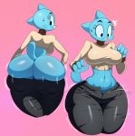 1girl anthro ass belly big_ass big_breasts breasts cartoon_network cat clothed clothing feline furry highres jiggle looking_back mammal midriff navel nicole_watterson simple_background sssonic2 sweat sweatdrop the_amazing_world_of_gumball thick_thighs turtleneck wardrobe_malfunction wide_hips