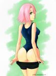 1girl ass big_ass big_breasts bike_shorts bike_shorts_pull breasts evildei green_eyes looking_at_viewer looking_behind naruto one-piece_swimsuit pink_hair sakura_haruno shorts shorts_pull solo swimsuit