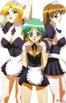  3_females 3_girls 3_humans 3girls :d absurdres apron arms_behind_head art babe big_breasts blonde_hair blue_eyes breasts brown_eyes brown_hair cleavage female female_only glasses green_eyes green_hair happy highres kakio_hazuki kuribayashi_yayoi large_breasts long_hair looking_at_viewer maid maid_dress maid_headdress momozono_mei mouse_(anime) multiple_girls open_mouth short_hair smile standing trio 