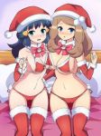  2_girls 2girls alluring aqua_eyes art artist_request babe bed bedroom big_breasts blue_eyes blue_hair blush breasts christmas chro_(rulurullu) cleavage dawn dawn_(pokemon) hair hikari_(pokemon) light_brown_hair long_hair looking_at_viewer multiple_girls nintendo open_mouth pokemon pokemon_(anime) pokemon_(game) pokemon_dppt pokemon_xy santa_hat serena serena_(pokemon) undressing 