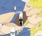 1boy 2girls art artist_request babe big_breasts blonde_hair breast_press breasts caught closed_eyes edward_elric folded_ponytail fullmetal_alchemist girl_on_top hair kissing lips long_hair love multiple_girls mutual_yuri neck nipples olivier_mira_armstrong open_clothes open_mouth riza_hawkeye short_hair uniform yuri