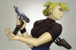  1girl arm armpit_holster arms art artist_request babe big_breasts black_shirt blonde blonde_hair breasts brown_eyes earrings female folded_ponytail fullmetal_alchemist gun hair_up handgun holding holding_gun holding_weapon holster jewelry lips locked_slide magazine_(weapon) neck parted_lips pistol reloading riza_hawkeye scan semiautomatic serious shirt short_hair short_sleeves skin_tight solo trigger_discipline turtleneck upper_body weapon wristband 