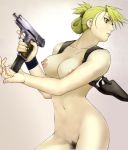 1girl arm arms art artist_request babe bare_shoulders big_breasts blonde blonde_hair breasts brown_eyes cleavage collarbone earrings folded_ponytail fullmetal_alchemist gun holding holding_gun holding_weapon jewelry lips navel neck nipples nude parted_lips pubic_hair riza_hawkeye short_hair weapon wristband