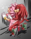 1girl abdominal_bulge against_wall amy_rose anthro areola big_breasts blush breasts cum cum_inside duo echidna erect_nipples furry hedgehog highres knuckles_the_echidna krazyelf male male/female mammal monotreme nipples nude orgasm penetration pink_body sega sex testicles