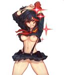 1girl 1girl black_hair blue_eyes blushypixy breasts high_resolution kamui_(kill_la_kill) kill_la_kill matoi_ryuuko navel nipples no_bra nopan pussy school_uniform senketsu simple_background skirt sparkle stomach streaked_hair suspender_skirt suspenders uniform white_background