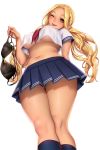 big_breasts black_socks blonde_hair bra_removed brown_eyes dark-skinned_female from_below holding_bra looking_at_viewer looking_down one_eye_closed pantyshot_(standing) pleated_skirt school_uniform tongue_out under_boob upskirt