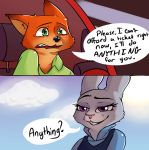 1girl anthro canine car clothed clothing comic dialogue disney duo english_text fluttercups fox furry green_eyes judy_hopps lagomorph male mammal nick_wilde purple_eyes rabbit speech_bubble suggestive text vehicle zootopia