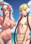 2girls beach bikini blonde_hair blue_eyes breast_hold breast_lift breasts elesa fuuro_(pokemon) green_eyes gym_leader hair hair_ornament huge_breasts kamitsure_(pokemon) multiple_girls nipples pokemon red_hair sign skyla small_breasts smile string_bikini sweatdrop ts422