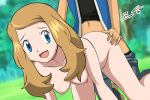  1boy 1girl :d art ash_ketchum babe blue_eyes breasts clothed_male_nude_female clothed_sex couple doggy_position hair happy happy_sex head_out_of_frame light_brown_hair long_hair love male/female moaning nintendo nipples no_hat nude open_mouth outside pokemon pokemon_(anime) pokemon_(game) pokemon_xy satoshi_(pokemon) serena serena_(pokemon) sex smile solo_focus yxyyxy zaizaiwangwang 