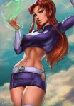 1girl belly big_breasts breasts covered_breasts covered_nipples dandon_fuga dc dc_comics eyelashes female female_only gauntlets green_eyes hair legs legwear lips long_hair midriff navel orange_skin pussy red_hair redhead shoes skirt solo starfire teen_titans thighs vagina