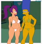 blue_hair bra breasts crossover futurama holding_hands marge_simpson purple_hair the_simpsons thighs thong turanga_leela yellow_skin