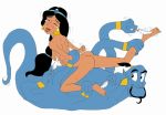 aladdin_(series) barefoot black_hair blue_skin blush breasts clenched_hands closed_eyes cosqui82 disney earring genie genie_(aladdin) held laughing lipstick multiple_arms nude princess princess_jasmine shiver soles sweat tan tears tickling