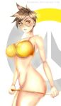  1female 1girl big_breasts bikini blizzard_entertainment breasts brown_eyes brown_hair deviantart eyewear female_focus female_only fitness flowerxl light-skinned_female light_skin looking_at_viewer overwatch panties_down panties_pull panties_pulled_down side_view solo_female tinted_eyewear toned tracer_(overwatch) video_game_character wide_hips yellow_bikini 