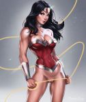 1girl bare_shoulders big_breasts black_hair blue_eyes bracelet breasts choker cleavage covered_breasts covered_nipples dandon_fuga dc dc_comics diana_prince eyelashes female female_only justice_league large_breasts lasso lasso_of_truth legs lips long_hair pussy solo thighs tiara vagina wonder_woman wonder_woman_(series)