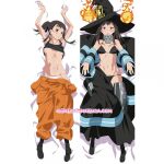 1girl biceps black_hair boots bra clothing dakimakura fire_force maki_oze medium_breasts muscular_female overalls panties purple_eyes undressed witch_hat