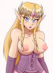 big_breasts blonde_hair blue_eyes blush breasts female hyrule_warriors looking_at_viewer maishida nintendo nipples pointed_ears princess_zelda solo the_legend_of_zelda