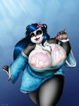  1girl 1girl anthro bear big_breasts blue_hair breasts chest_tuft cleavage clothed clothing evil-rick furry hair huge_breasts japanese_clothing kimono mammal messy nipple_slip nipples open_mouth panda skimpy slightly_chubby thick_thighs tuft voluptuous wide_hips 