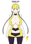 1girl areola areola_slip bare_shoulders big_breasts blonde_hair blue_eyes breasts choker cleavage deviantart dress elesa gosha420 gosha420_(artist) headphones large_breasts leggings light-skinned_female looking_at_viewer nail_polish navel nintendo nipples png pokemon pokemon_bw smile transparent_background yellow_dress