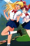  2girls :d :p aki_natsuko aki_natsuko_(cutie_honey_flash) art babe blonde_hair cutie_honey cutie_honey_flash earrings friends hair hairband jewelry kisaragi_honey kisaragi_honey_(cutie_honey_flash) long_hair multiple_girls official_art open_mouth red_eyes red_hair school_uniform smile tongue twin_tails yuri 