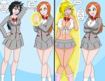 before_and_after big_breasts bimbofication black_hair bleach brain_drain breast_expansion breasts female finger_to_mouth happy_trance inoue_orihime kobi94_(artist) mind_control orange_hair school_girl school_uniform speech_bubble tatsuki_arisawa teeth text transformation yellow_hair