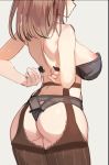  1girl arms_behind_back ass back big_breasts black_bra black_panties black_underwear blush bra breasts brown_hair brown_legwear cowboy_shot from_behind garter_belt grey_background head_out_of_frame lingerie medium_hair nijisanji nipples panties partially_undressed simao_(x_x36131422) simple_background standing stockings striped striped_legwear suzuhara_lulu thong underwear undone_bra unfastened virtual_youtuber 