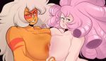 1girl 2girls alien ass bbw big_breasts black_eyes blushmallet breasts cartoon_network hair jasper jasper_(steven_universe) long_hair multiple_girls muscle nipples nude orange_skin pink_hair rose_quartz rose_quartz_(steven_universe) shiny shiny_skin steven_universe symmetrical_docking white_hair yuri