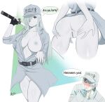 1boy 1girl areola baseball_cap big_breasts blood breasts curvaceous curves curvy_figure erect_nipples female_focus hat hataraku_saibou hataraku_saibou_black high_resolution holding_sword holding_weapon huge_breasts large_filesize long_hair looking_at_viewer male male/female meme nic0-robin nipples nosebleed open_clothes open_shirt pale-skinned_female pale_skin plain_background shiny shiny_skin simple_background speech_bubble sword u-1146 u-1196 very_high_resolution voluptuous weapon white_blood_cell_(hataraku_saibou) white_hair