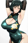 ai_generated bare_thighs china_dress chinese_clothes gigantic_breasts golden_eyes green_hair huge_breasts huge_thighs jujutsu_kaisen light-skinned_female light_skin massive_breasts short_hair solo_female squatting sweat sweatdrop thick_body thick_female thick_thighs thighs voluptuous voluptuous_female zenin_mai