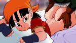  1boy 1girl ass ass_grab bandana bed big_ass black_gloves black_hair black_shirt brown_gloves buttjob cum cum_on_ass cum_on_body cum_on_clothes cum_on_face cum_on_upper_body divine_wine dragon_ball dragon_ball_gt facial fingerless_gloves gif gloves grabbing_another's_ass groping lying male naughty_face on_stomach pan_(dragon_ball) pillow red_shirt sex shirt toei_animation trunks_briefs vampiranhya_(artist) younger_female 