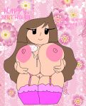  1girl adorable aliya_(aliyal007) aliyal007 areola bedroom_eyes big_breasts birthday birthday_cake breasts breasts_out brown_hair cassettedream costume cute dream-cassette eyelashes female female_focus female_only flower flower_background flowers food_on_body food_on_breasts garter_straps genitals holding_breasts hoshime huge_breasts legwear light-skinned_female light_skin nipples pussy simple_background smile sprinkles stockings text thick_thighs thighs topless topless_female 