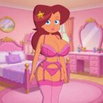  1girl ai_generated bed bedroom big_breasts blue_eyes bow bow_bra bow_panties bra breasts brown_hair carpet chest_of_drawers cleavage clothing creamcherrypieai_(artist) curtains curvy curvy_figure dark-skinned_female dark_skin drawer edited female female_only flower garter_belt garter_straps hair_ornament huge_breasts indoors lamp large_breasts lingerie lips lipstick long_hair looking_at_viewer makeup marina_(zig_and_sharko) mirror panties pillow pink_bra pink_lips pink_panties pink_thighhighs potted_plant rug solo standing star star_(symbol) star_hair_ornament thighhighs underwear underwear_only vase wide_hips window zig_and_sharko 