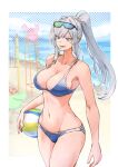  1girl 1girl absurd_res alluring alternate_costume alternate_hairstyle ball beach beachball big_breasts bikini blue_bikini blue_eyes border braid chair cleavage ethel_(xenoblade) grey_hair hair_intakes high_ponytail high_res lifeguard_chair long_hair multicolored_bikini navel nemimin ponytail sand sidelocks smile swimsuit white_bikini white_border xenoblade_(series) xenoblade_chronicles_3 