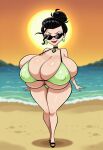  ai_generated beach big_ass bikini black_hair breast_expansion earrings gigantic_breasts josephine_clench naughty_face samurai_jack self_upload smirk stable_diffusion sunglasses 